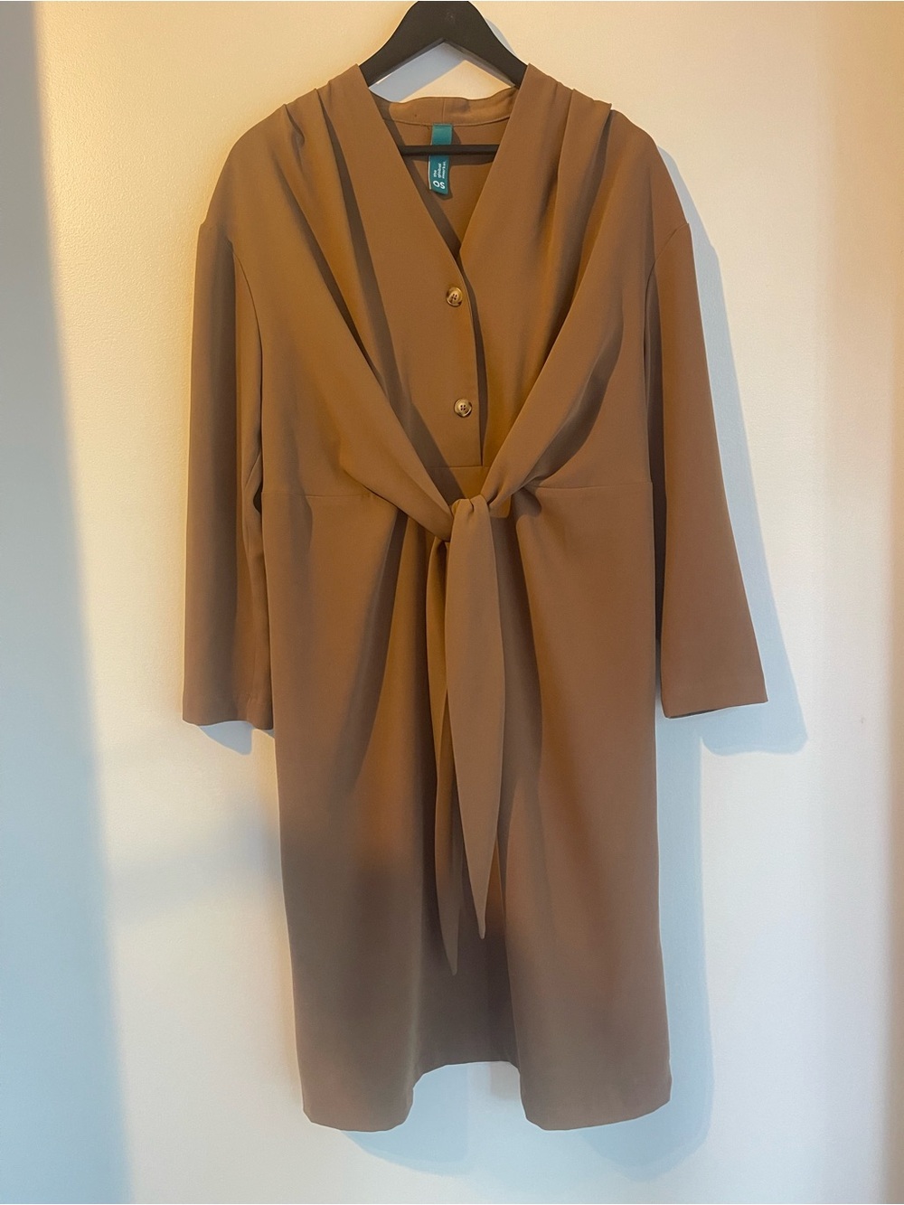Caposhie Camel Tan Front Tie Shirt Dress Cinched Waist Long Sleeve Midi Womens O